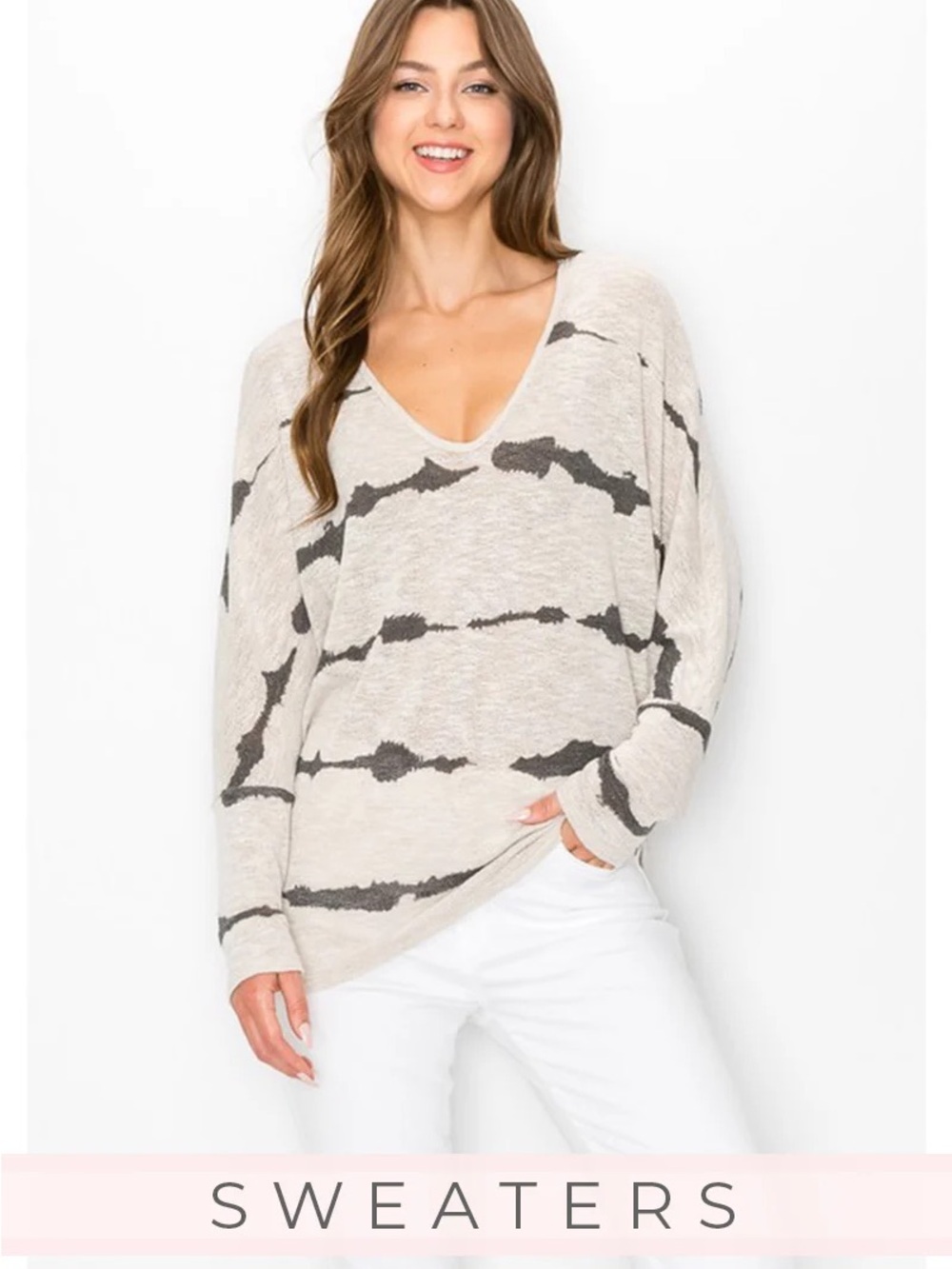 ENTI V-Neck Striped Lightweight Sweater - Beige/Blue